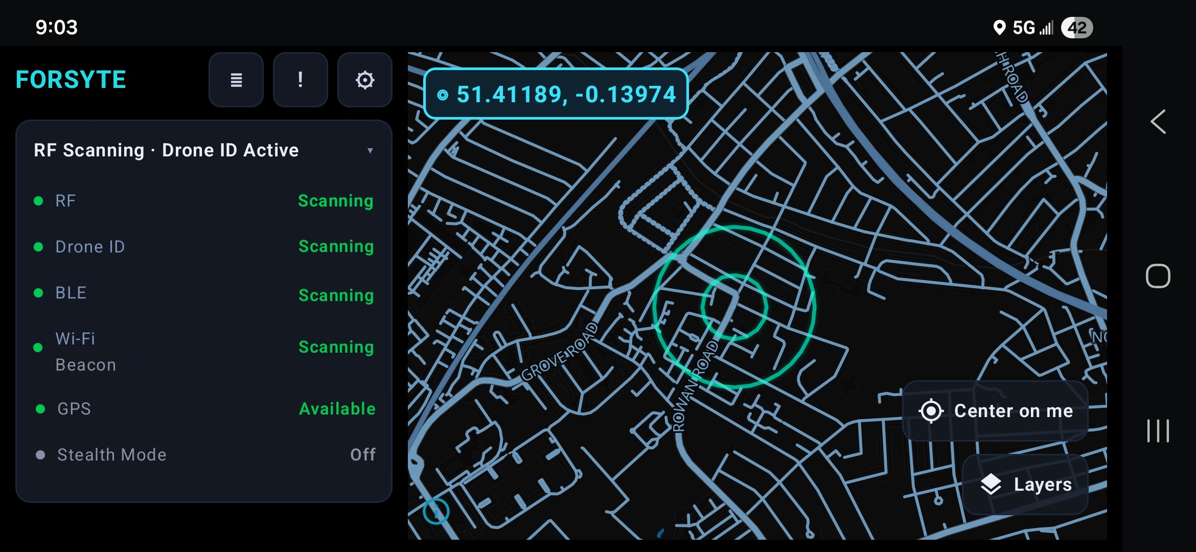 Before-and-after comparison. Before: Early FORSYTE scanning screen with technical live detection cards and aircraft wireframe. Now: Current FORSYTE map view showing RF scanning, Drone ID active, and location-based detection display.